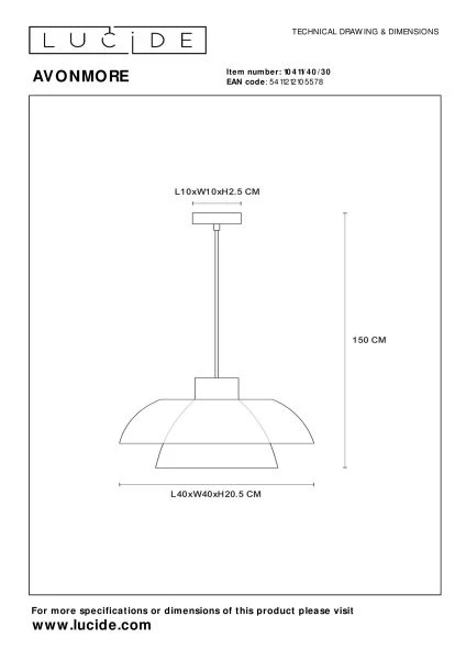Lucide AVONMORE - Pendant light - Ø 40 cm - 1xE27 - Black - technical